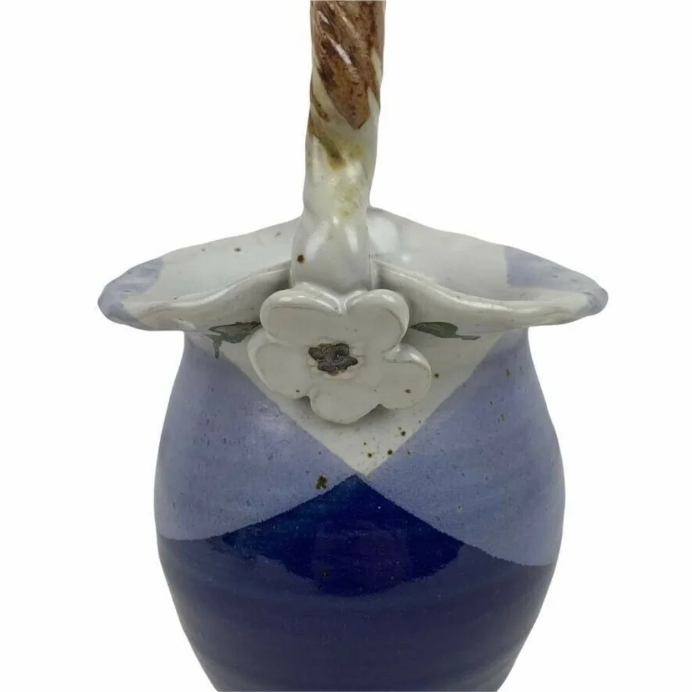 Artist Stamped Pottery Basket Vase Fluted Crimped‎ Rim Twisted Handle Blue Grey